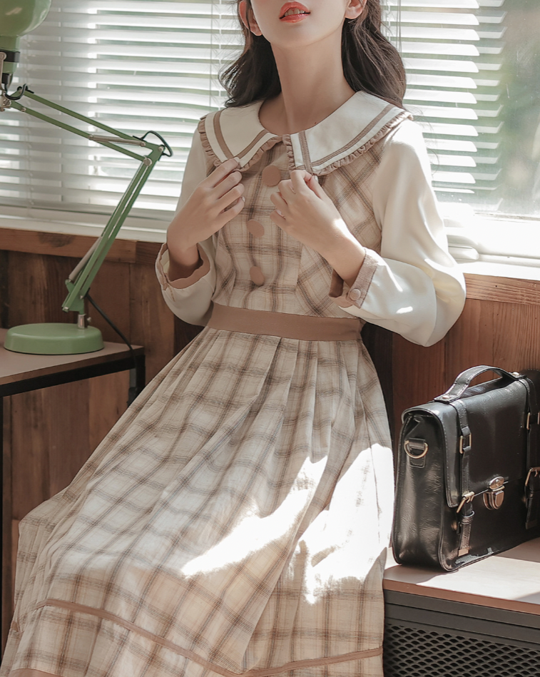 摩卡雪紡格紋連衣裙_A0206