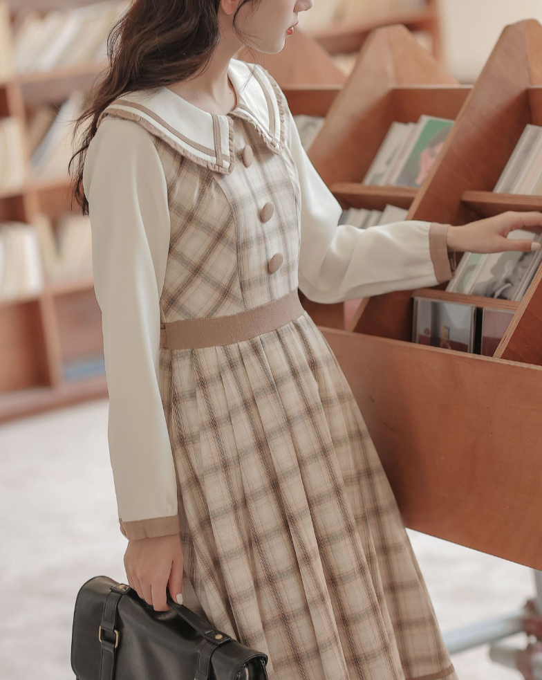 摩卡雪紡格紋連衣裙_A0206