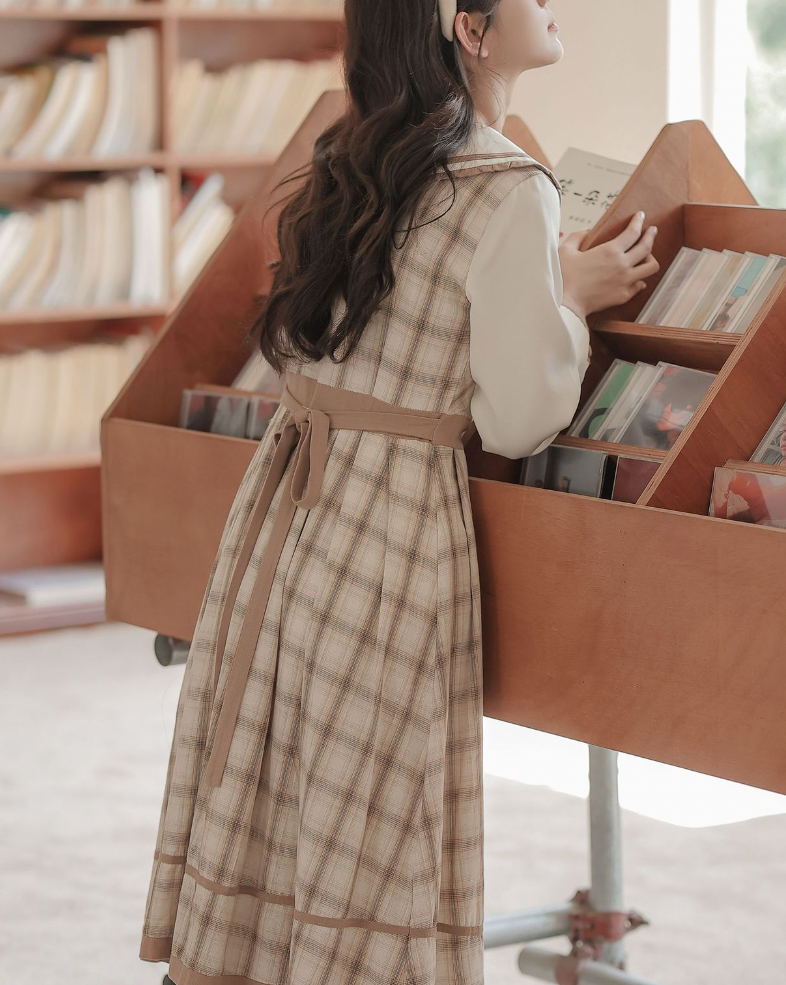 摩卡雪紡格紋連衣裙_A0206