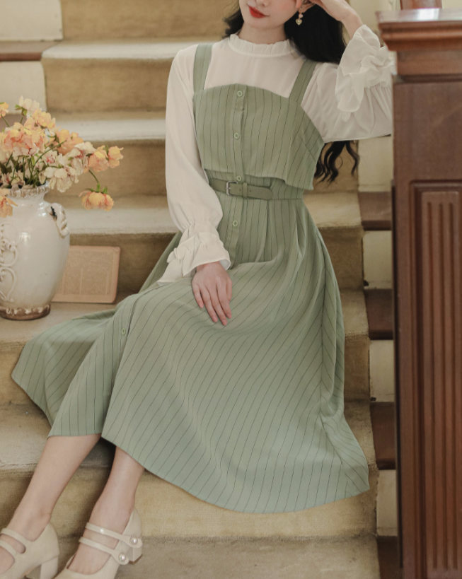 Pansy Striped Jumper Skirt Set A0043 Yuruly