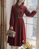 Autumn red belt dress_X0119